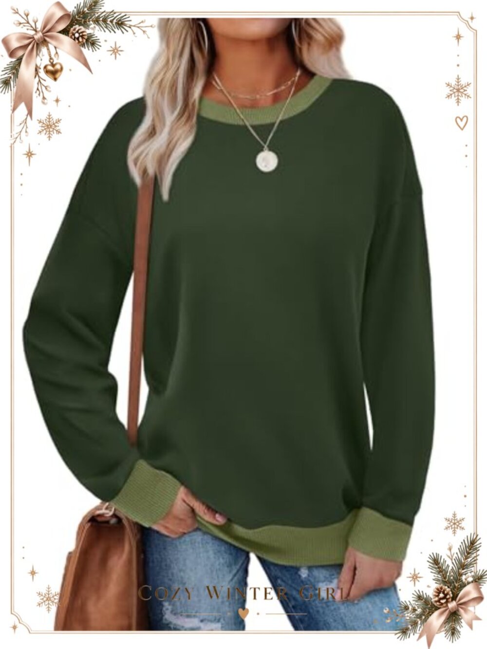 Womens Crewneck Sweatshirt Color Block Ribbed Trim Loose Fit Long Sleeve